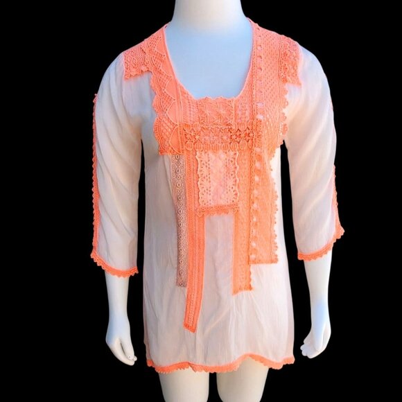 Johnny Was Size M Sheer White Boho Tunic Top Long Sleeves with Orange Lace - Picture 6 of 10